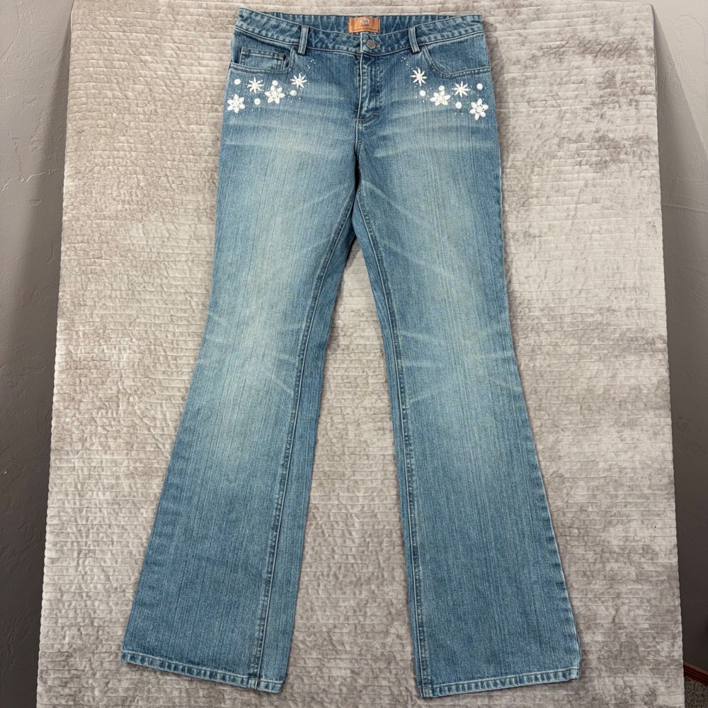 Dana Buchman Womens Flare Jeans Blue‎ Beaded Floral Embellished Cotton Size 4 27